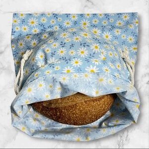 Blue & White Daisy Cotton Bread Bag, Reusable Storage Bread Bag, Produce Bag